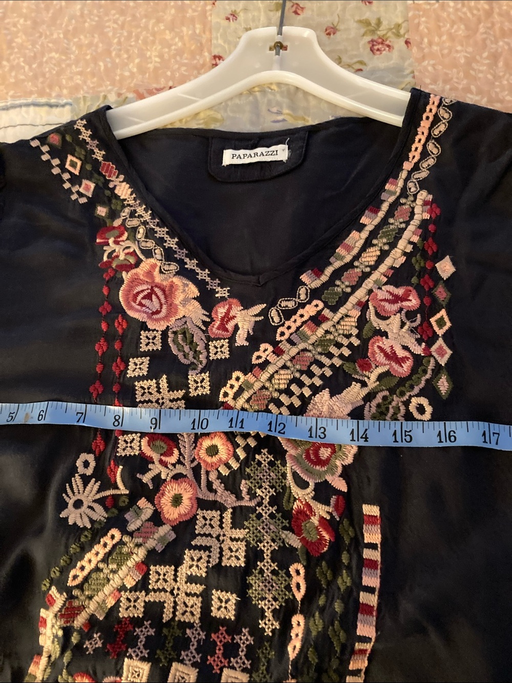 Paparazzi Blue/plum v neck Tunic with Multicolor Floral Embroidery. 3/4 sleeves